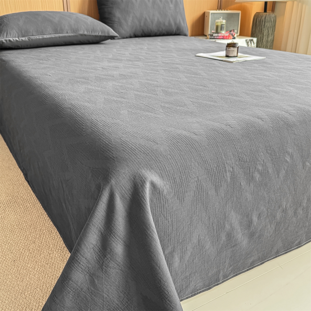 91家纺网 家纺一手货源 找家纺 灰鲸 2026新款全棉简约三层纱色织提花单品床单 影韵-素墨