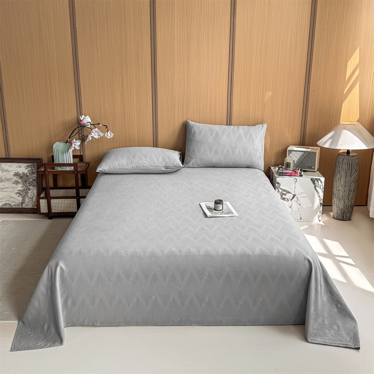 91家纺网 家纺一手货源 找家纺 灰鲸 2026新款全棉简约三层纱色织提花单品床单 影韵-雾灰