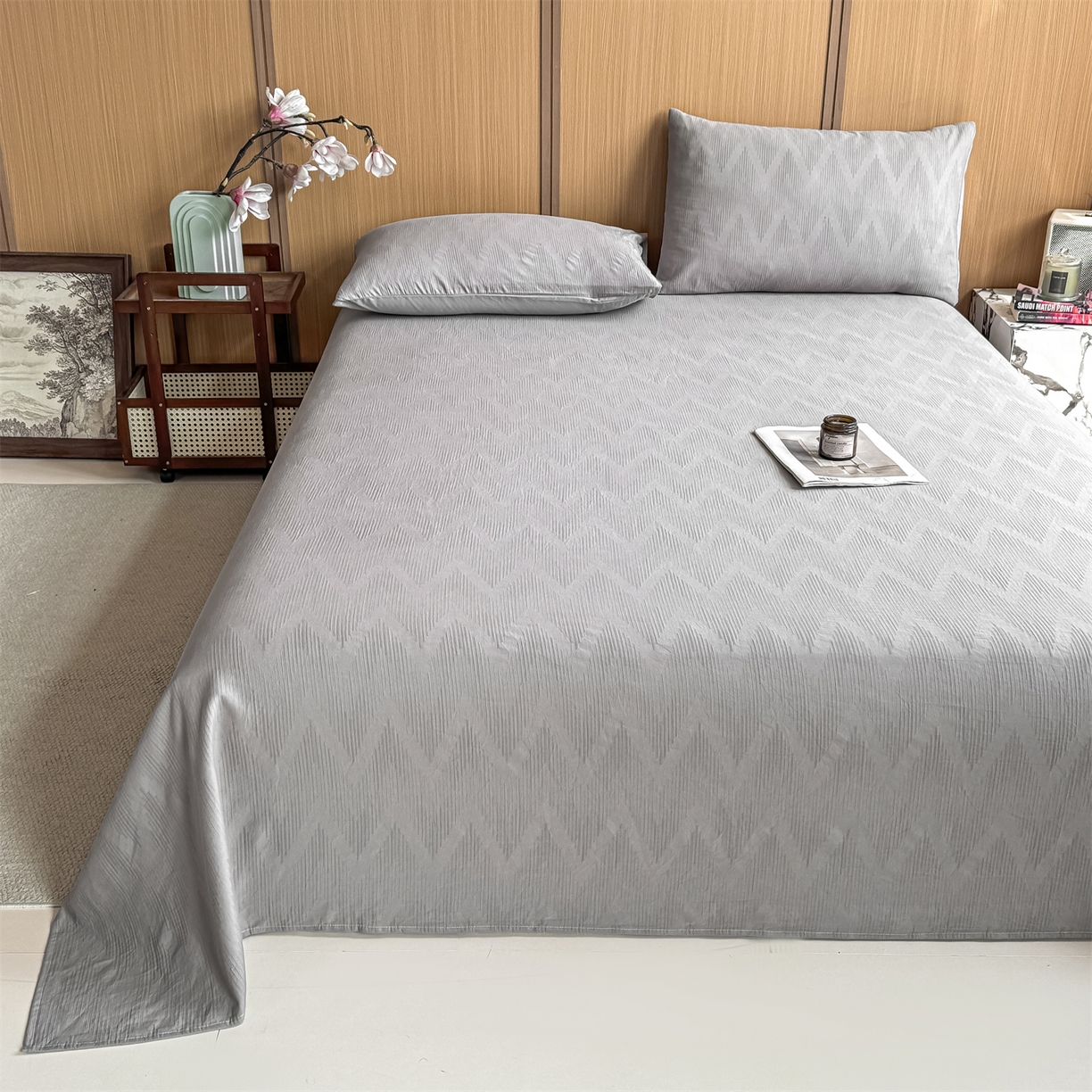 91家纺网 家纺一手货源 找家纺 灰鲸 2026新款全棉简约三层纱色织提花单品床单 影韵-雾灰