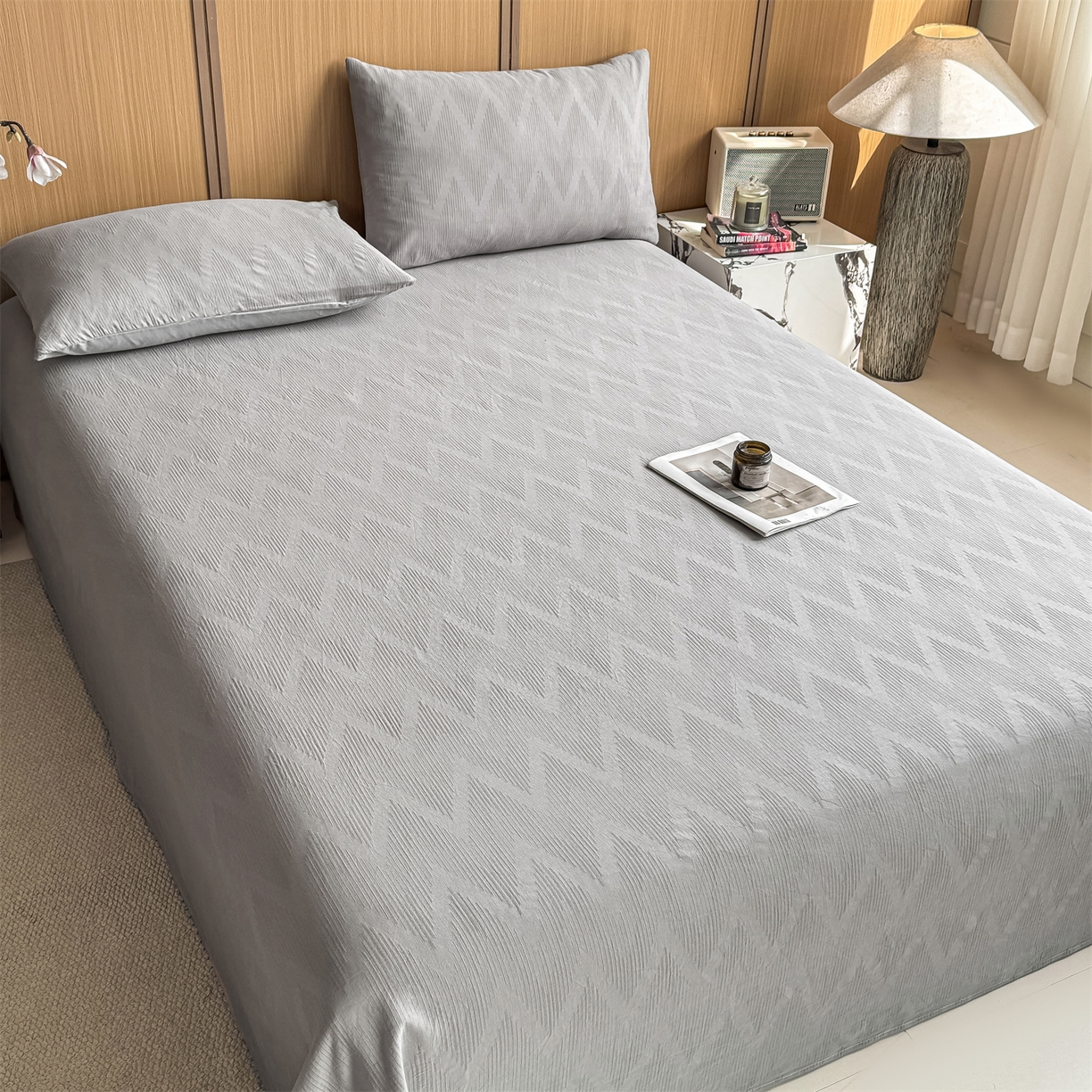 91家纺网 家纺一手货源 找家纺 灰鲸 2026新款全棉简约三层纱色织提花单品床单 影韵-雾灰