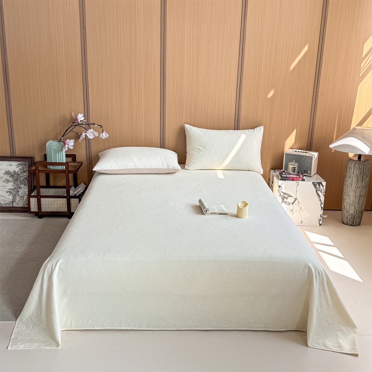 91家纺网 家纺一手货源 找家纺 灰鲸 2026新款全棉简约三层纱色织提花单品床单 影韵-杏仁奶霜