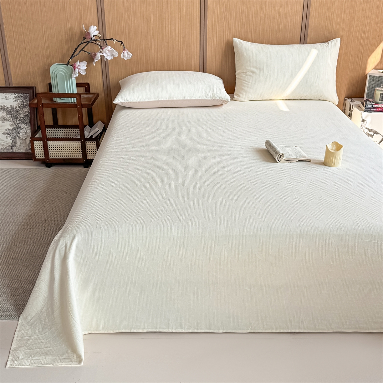 91家纺网 家纺一手货源 找家纺 灰鲸 2026新款全棉简约三层纱色织提花单品床单 影韵-杏仁奶霜