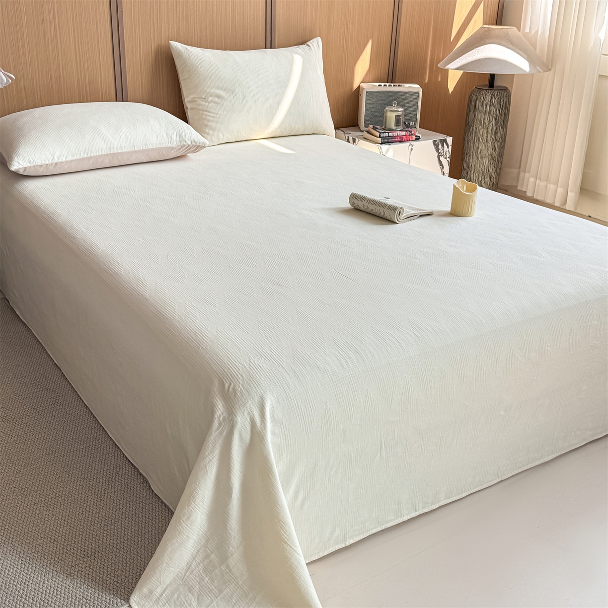 91家纺网 家纺一手货源 找家纺 灰鲸 2026新款全棉简约三层纱色织提花单品床单 影韵-杏仁奶霜