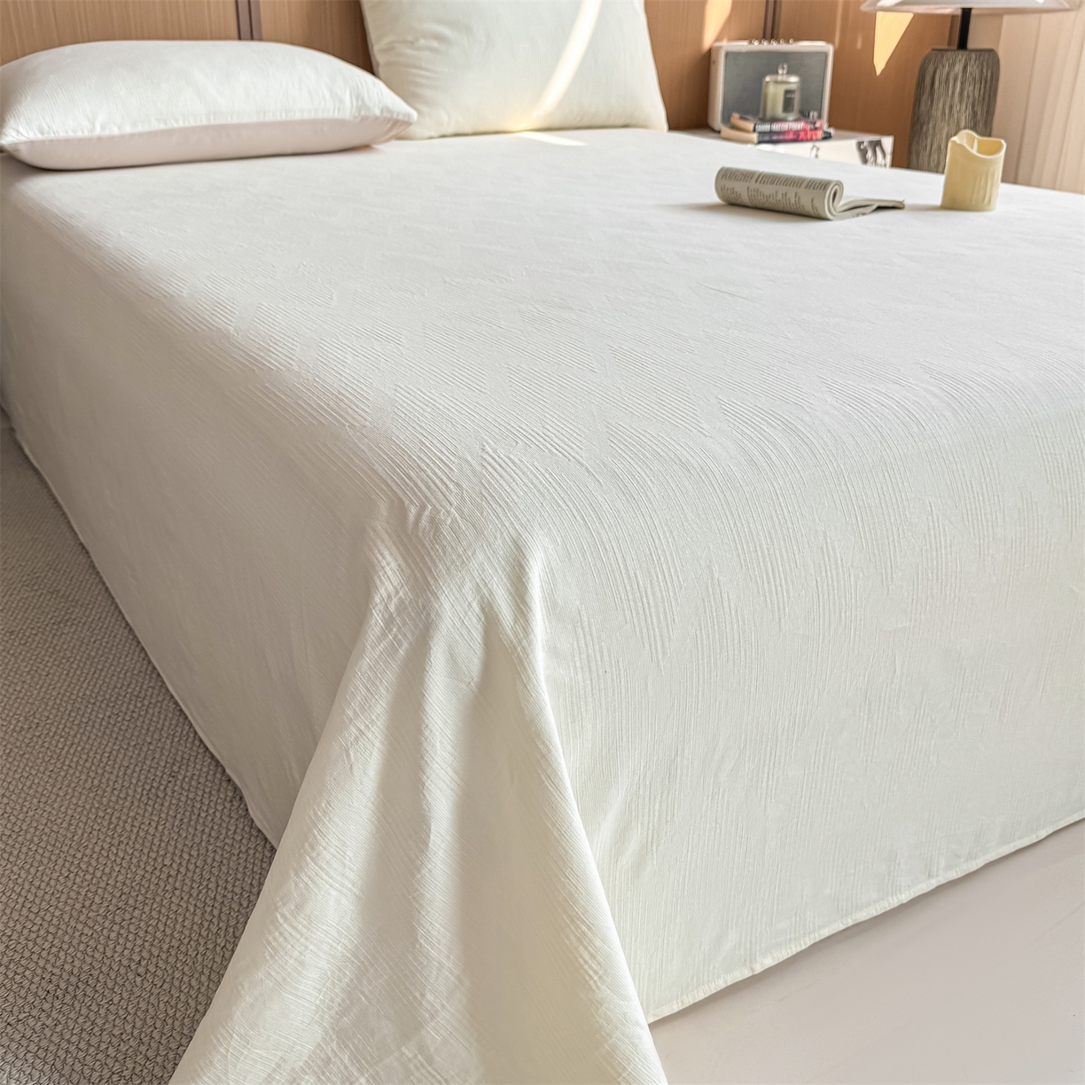 91家纺网 家纺一手货源 找家纺 灰鲸 2026新款全棉简约三层纱色织提花单品床单 影韵-杏仁奶霜