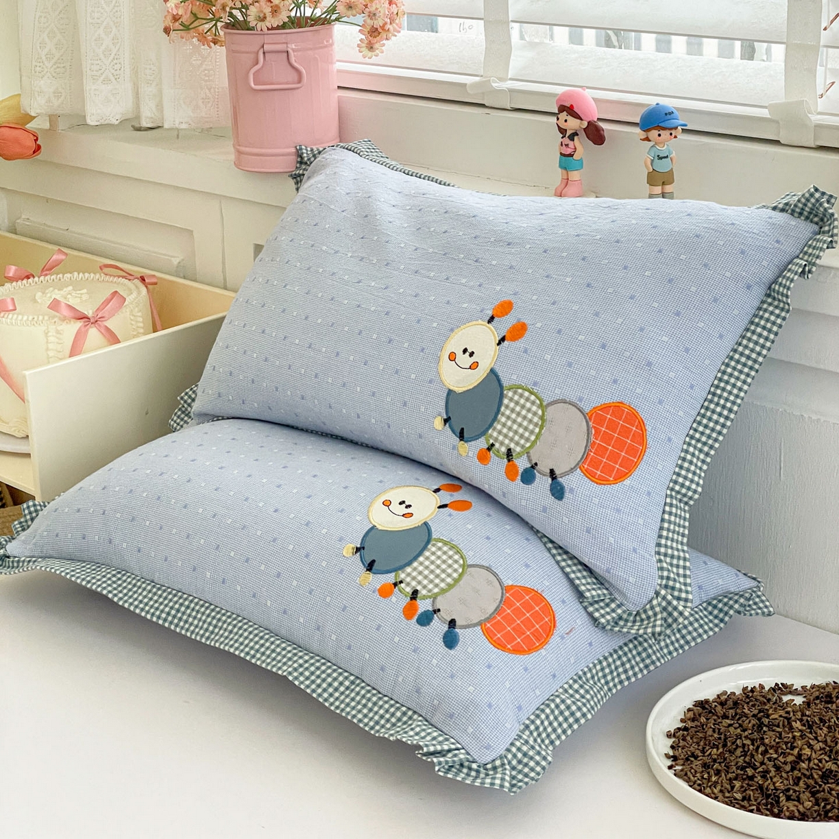 梦叶草 2026新款全棉色织荞麦枕糖果虫荞麦枕枕头枕芯 糖果虫-蓝色