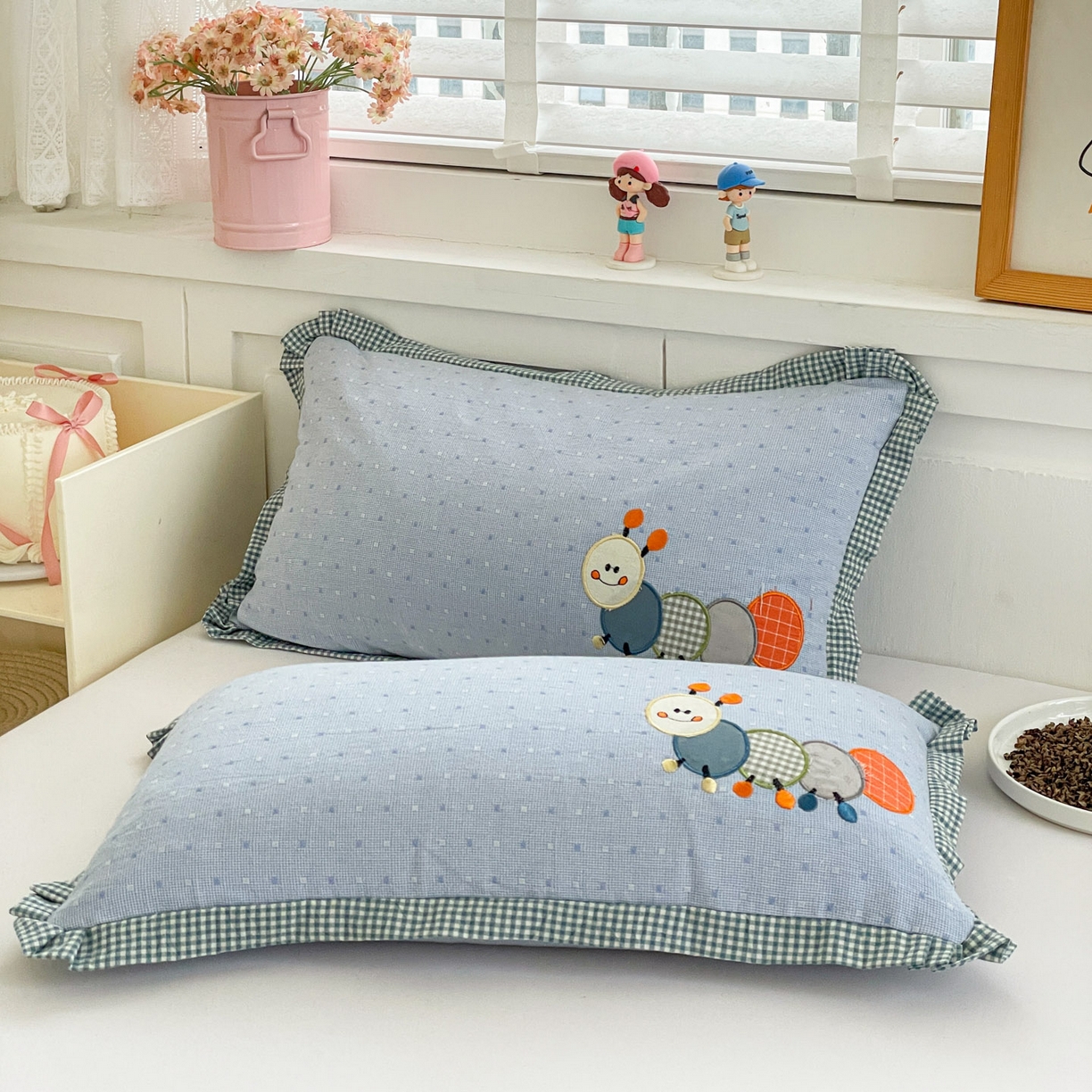 91家纺网 家纺一手货源 找家纺 梦叶草 2026新款全棉色织荞麦枕糖果虫荞麦枕枕头枕芯 糖果虫-蓝色