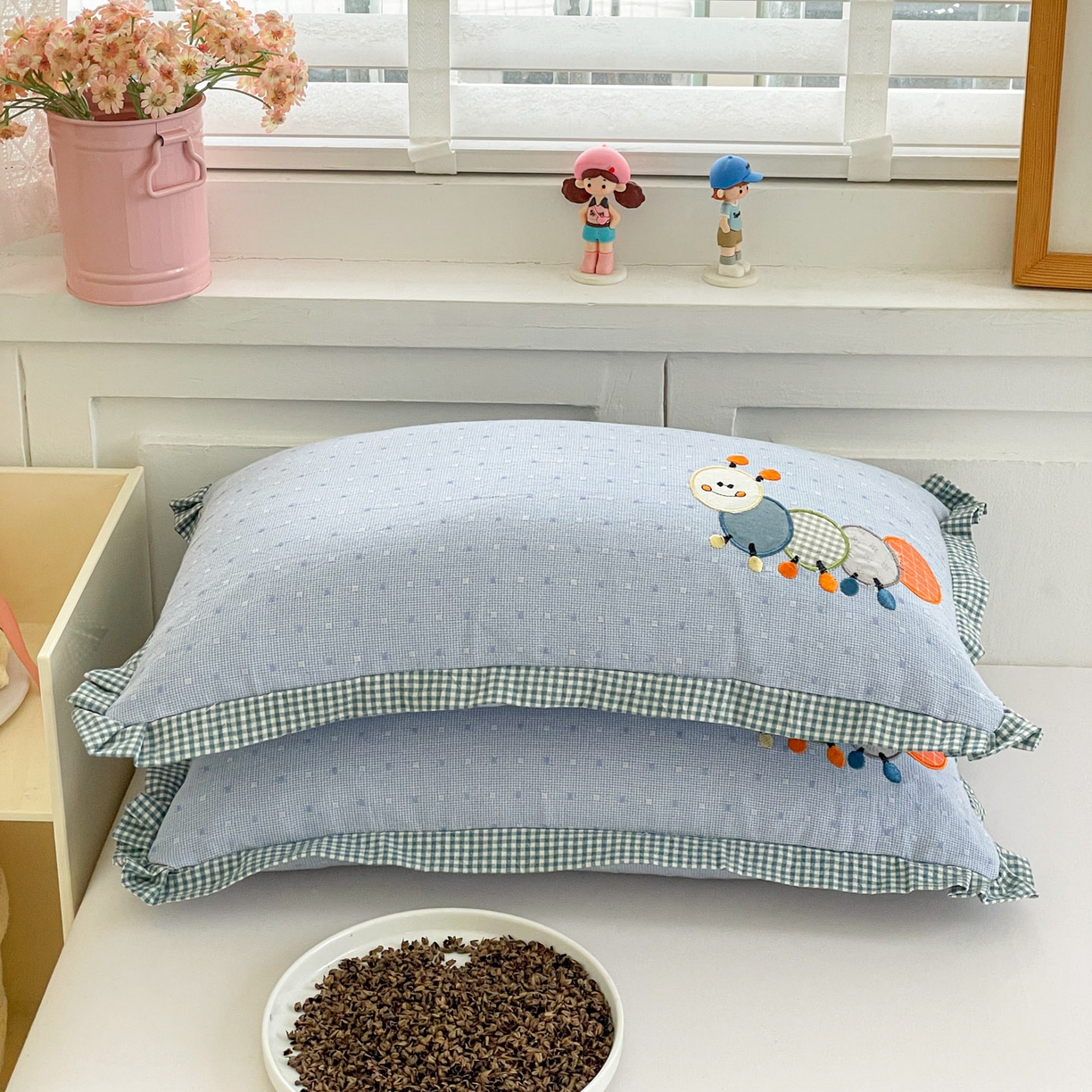 91家纺网 家纺一手货源 找家纺 梦叶草 2026新款全棉色织荞麦枕糖果虫荞麦枕枕头枕芯 糖果虫-蓝色