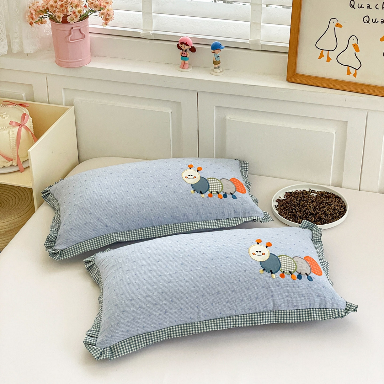 91家纺网 家纺一手货源 找家纺 梦叶草 2026新款全棉色织荞麦枕糖果虫荞麦枕枕头枕芯 糖果虫-蓝色