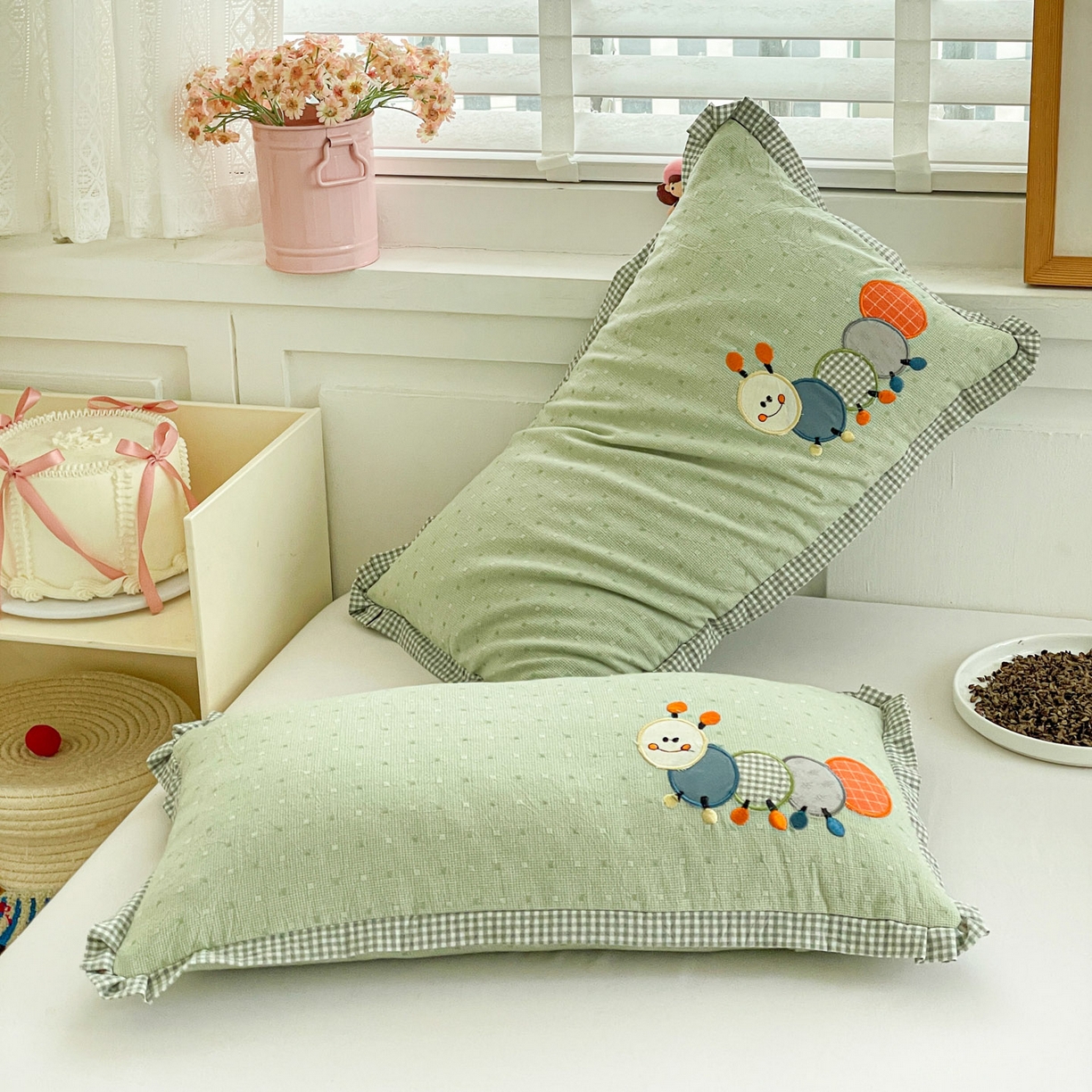 91家纺网 家纺一手货源 找家纺 梦叶草 2026新款全棉色织荞麦枕糖果虫荞麦枕枕头枕芯 糖果虫-绿色