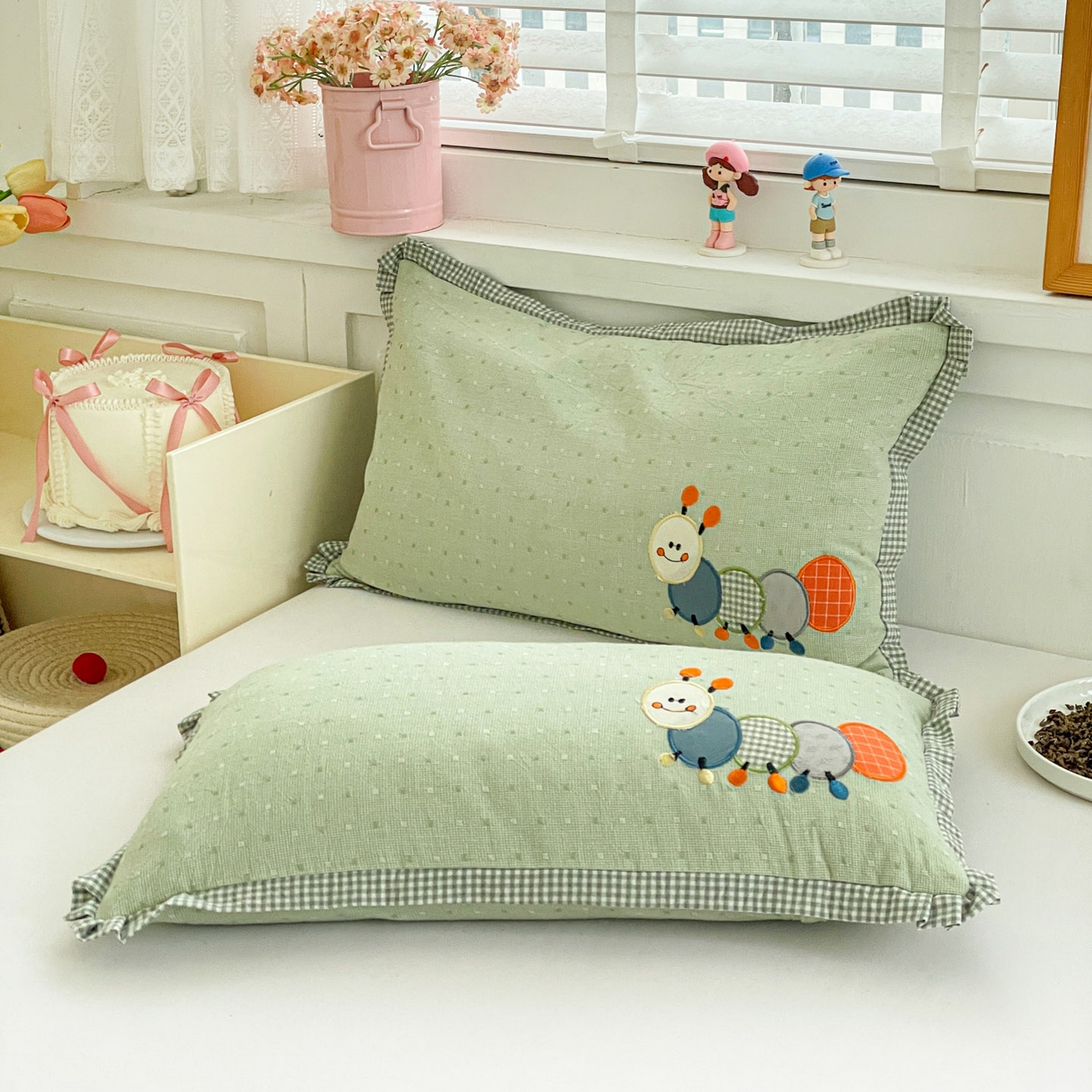 91家纺网 家纺一手货源 找家纺 梦叶草 2026新款全棉色织荞麦枕糖果虫荞麦枕枕头枕芯 糖果虫-绿色