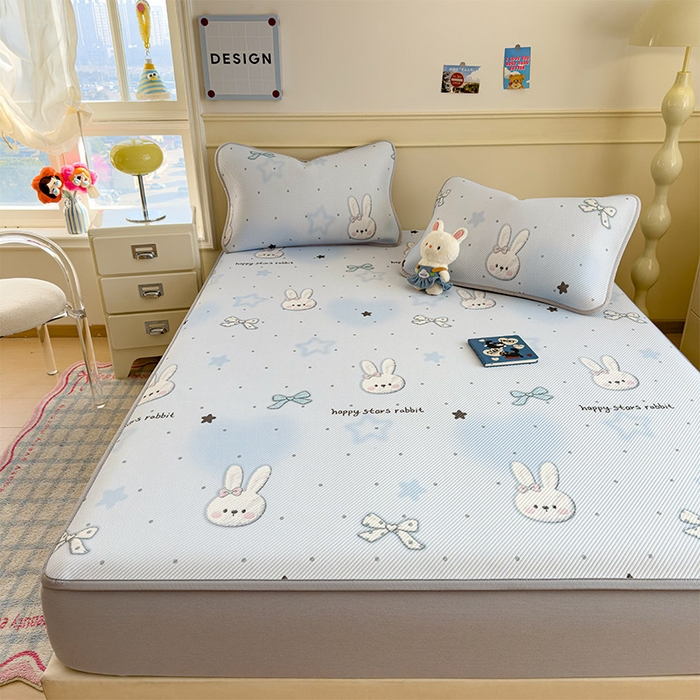 91家纺网 家纺一手货源 找家纺 几禾 2026新款卡通印花凉感凉豆豆凉席系列 波点星星兔--床笠款