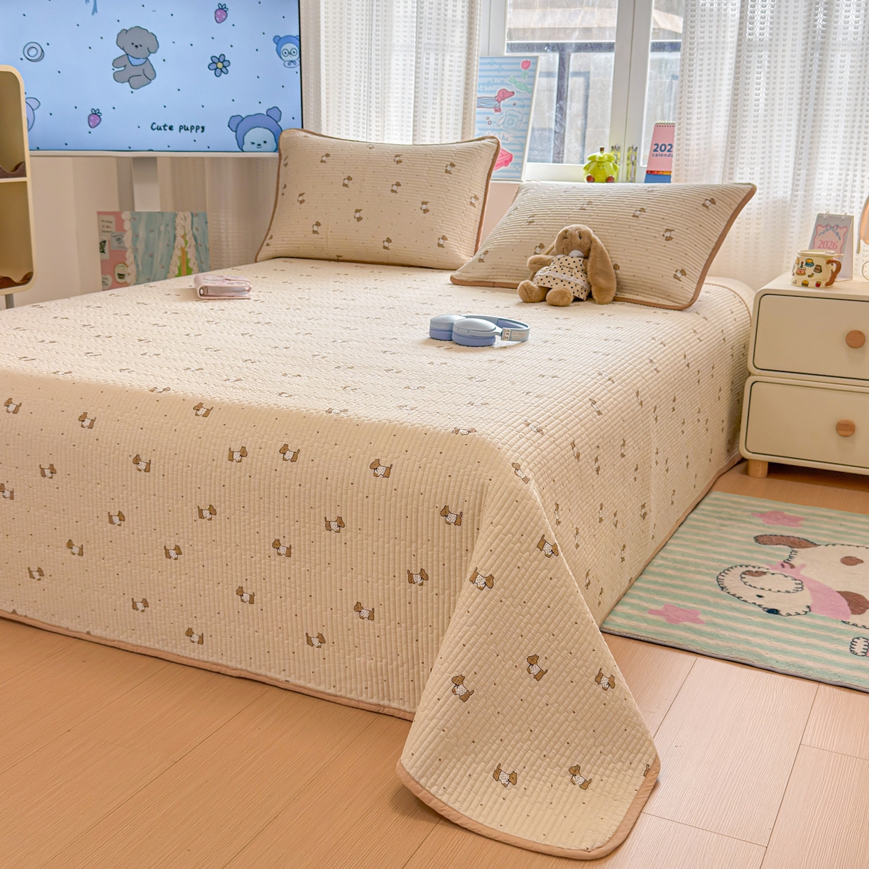 91家纺网 家纺一手货源 找家纺 （总）雅萱家纺 2026新款双面全棉砂洗印花床盖三件套