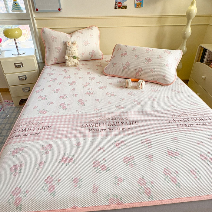 91家纺网 家纺一手货源 找家纺 几禾 2026新款卡通印花凉感凉豆豆凉席系列 粉色花海--床笠款