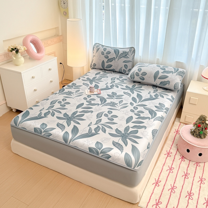 91家纺网 家纺一手货源 找家纺 布柔 2026新款冰皮凉席床笠冰丝小清新卡通印花软席可机洗 素叶