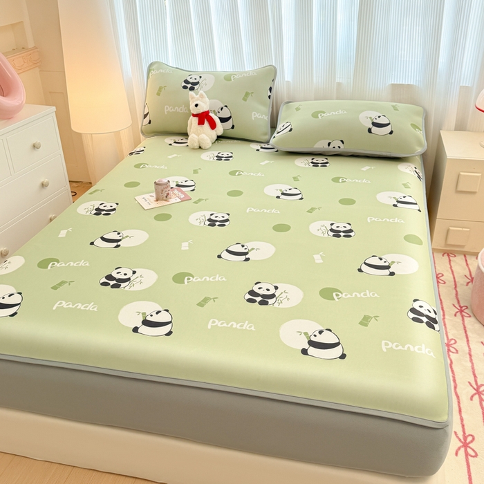 91家纺网 家纺一手货源 找家纺 布柔 2026新款冰皮凉席床笠冰丝小清新卡通印花软席可机洗 小熊猫