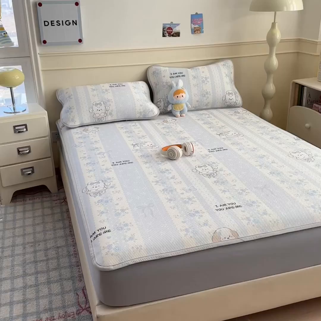 91家纺网 家纺一手货源 找家纺 几禾 2026新款卡通印花凉感凉豆豆凉席系列 花园物语--床笠款