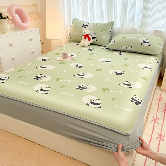 91家纺网 家纺一手货源 找家纺 布柔 2026新款冰皮凉席床笠冰丝小清新卡通印花软席可机洗 小熊猫