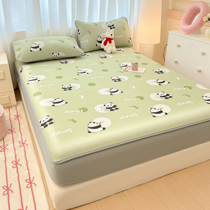 91家纺网 家纺一手货源 找家纺 布柔 2026新款冰皮凉席床笠冰丝小清新卡通印花软席可机洗 小熊猫