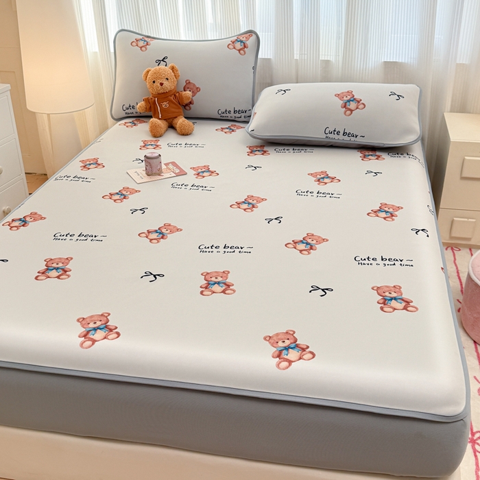 91家纺网 家纺一手货源 找家纺 布柔 2026新款冰皮凉席床笠冰丝小清新卡通印花软席可机洗 泰迪熊