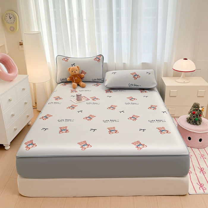 布柔 2026新款冰皮凉席床笠冰丝小清新卡通印花软席可机洗 泰迪熊