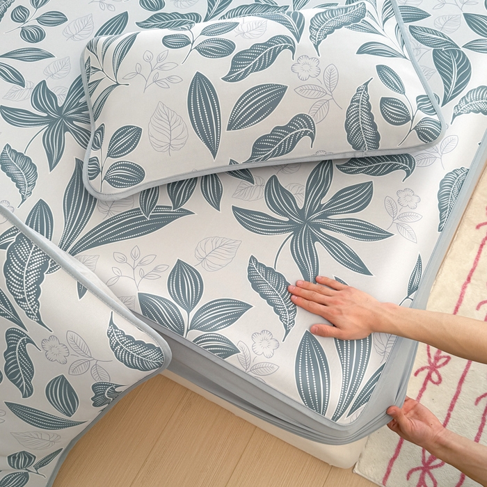 91家纺网 家纺一手货源 找家纺 布柔 2026新款冰皮凉席床笠冰丝小清新卡通印花软席可机洗 素叶