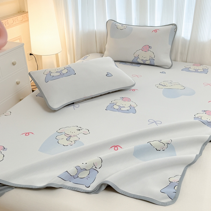 91家纺网 家纺一手货源 找家纺 布柔 2026新款冰皮凉席床笠冰丝小清新卡通印花软席可机洗 晚安狗