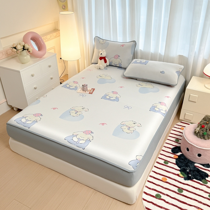 91家纺网 家纺一手货源 找家纺 布柔 2026新款冰皮凉席床笠冰丝小清新卡通印花软席可机洗 晚安狗