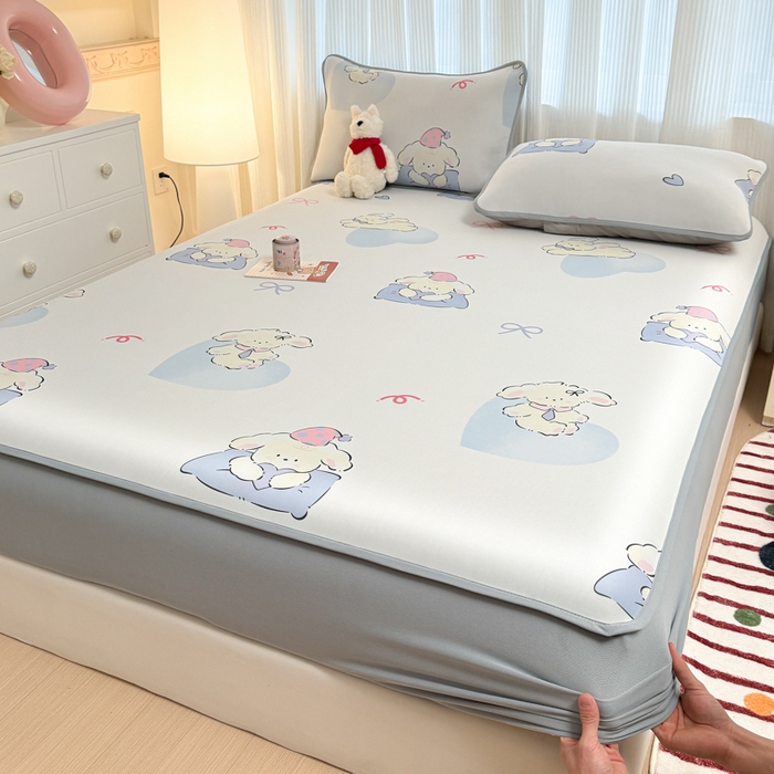 91家纺网 家纺一手货源 找家纺 布柔 2026新款冰皮凉席床笠冰丝小清新卡通印花软席可机洗 晚安狗