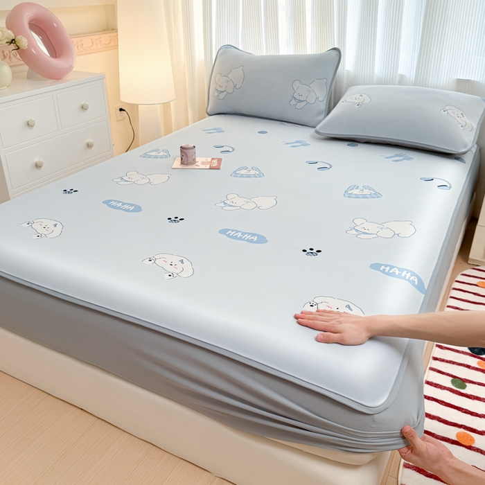 91家纺网 家纺一手货源 找家纺 布柔 2026新款冰皮凉席床笠冰丝小清新卡通印花软席可机洗 哈哈狗