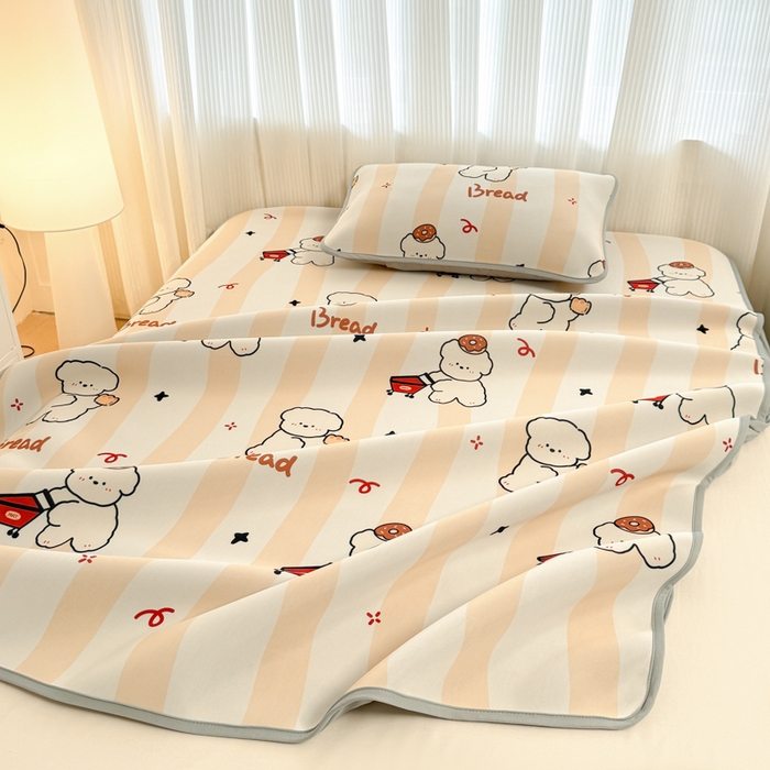 91家纺网 家纺一手货源 找家纺 布柔 2026新款冰皮凉席床笠冰丝小清新卡通印花软席可机洗 条纹狗