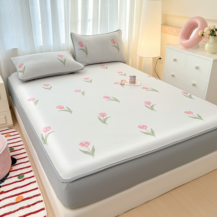 91家纺网 家纺一手货源 找家纺 布柔 2026新款冰皮凉席床笠冰丝小清新卡通印花软席可机洗 郁金香