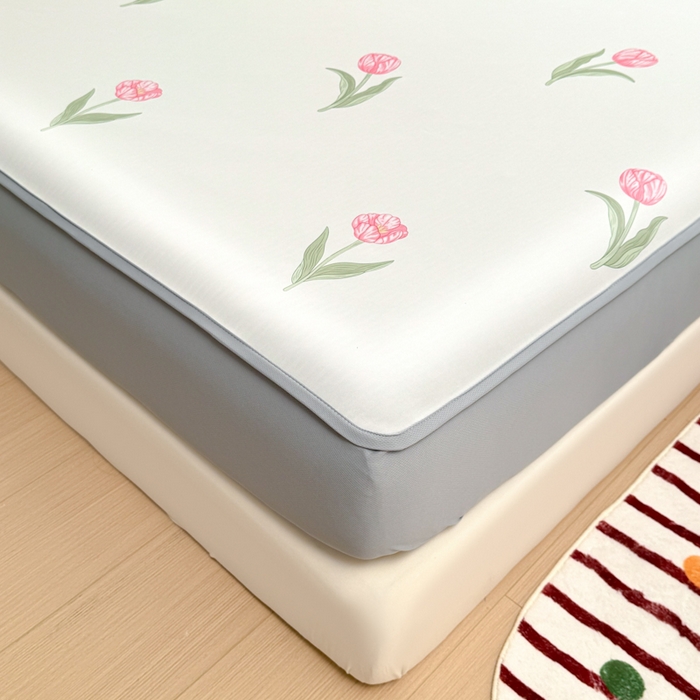 91家纺网 家纺一手货源 找家纺 布柔 2026新款冰皮凉席床笠冰丝小清新卡通印花软席可机洗 郁金香