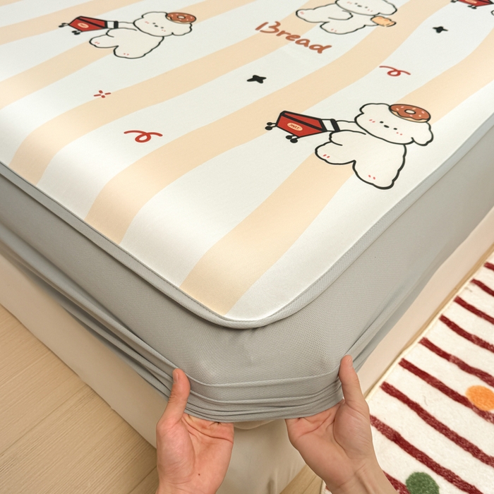 91家纺网 家纺一手货源 找家纺 布柔 2026新款冰皮凉席床笠冰丝小清新卡通印花软席可机洗 条纹狗