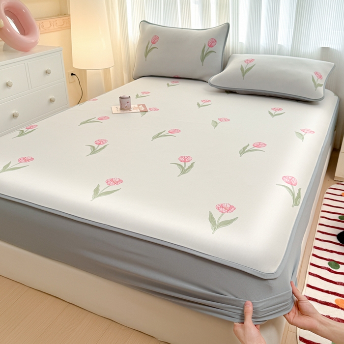 91家纺网 家纺一手货源 找家纺 布柔 2026新款冰皮凉席床笠冰丝小清新卡通印花软席可机洗 郁金香