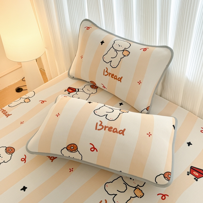 91家纺网 家纺一手货源 找家纺 布柔 2026新款冰皮凉席床笠冰丝小清新卡通印花软席可机洗 条纹狗