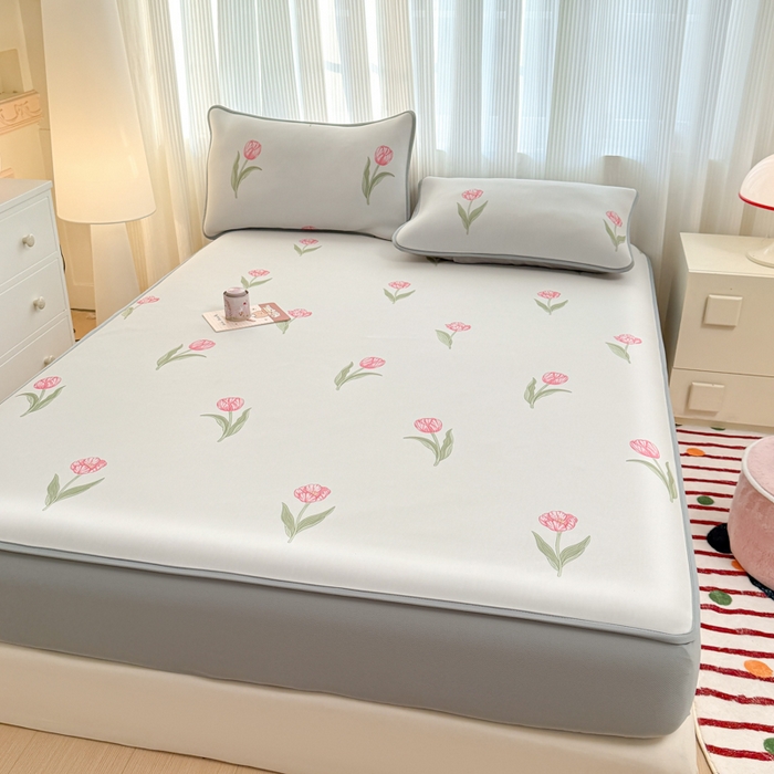 91家纺网 家纺一手货源 找家纺 布柔 2026新款冰皮凉席床笠冰丝小清新卡通印花软席可机洗 郁金香