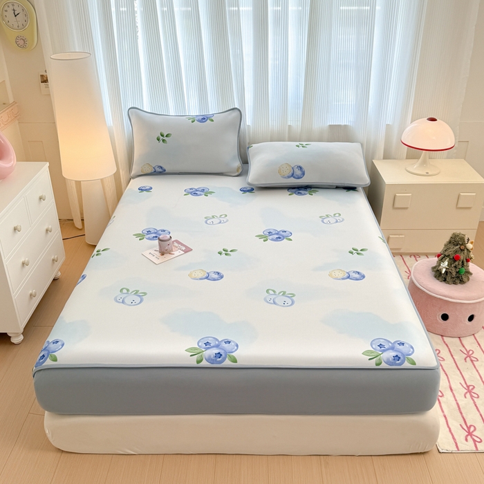 布柔 2026新款冰皮凉席床笠冰丝小清新卡通印花软席可机洗 蓝莓