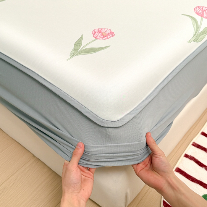 91家纺网 家纺一手货源 找家纺 布柔 2026新款冰皮凉席床笠冰丝小清新卡通印花软席可机洗 郁金香