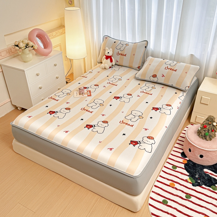 91家纺网 家纺一手货源 找家纺 布柔 2026新款冰皮凉席床笠冰丝小清新卡通印花软席可机洗 条纹狗