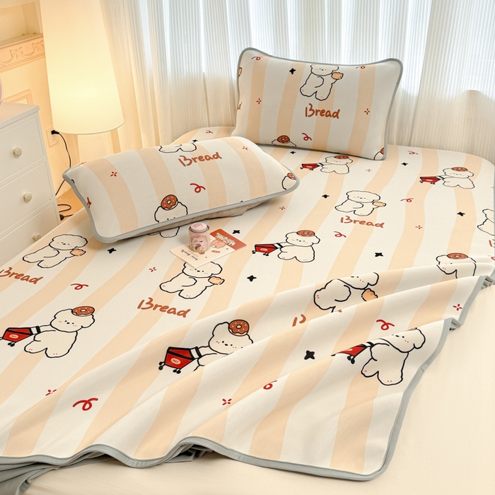 91家纺网 家纺一手货源 找家纺 布柔 2026新款冰皮凉席床笠冰丝小清新卡通印花软席可机洗 条纹狗