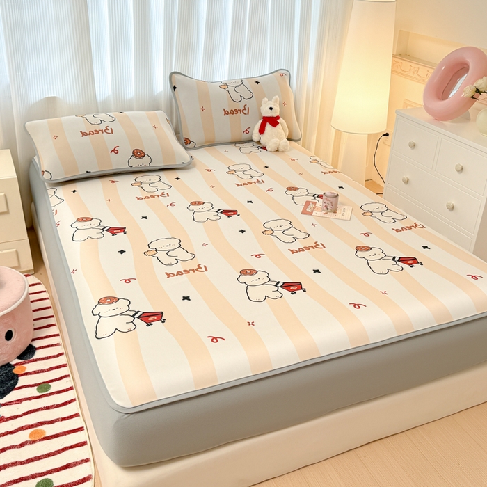 91家纺网 家纺一手货源 找家纺 布柔 2026新款冰皮凉席床笠冰丝小清新卡通印花软席可机洗 条纹狗