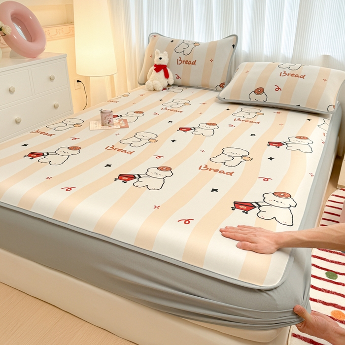 91家纺网 家纺一手货源 找家纺 布柔 2026新款冰皮凉席床笠冰丝小清新卡通印花软席可机洗 条纹狗