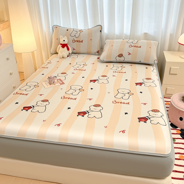 91家纺网 家纺一手货源 找家纺 布柔 2026新款冰皮凉席床笠冰丝小清新卡通印花软席可机洗 条纹狗