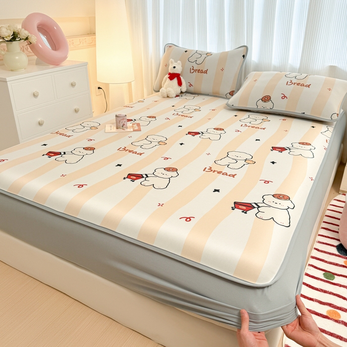 91家纺网 家纺一手货源 找家纺 布柔 2026新款冰皮凉席床笠冰丝小清新卡通印花软席可机洗 条纹狗