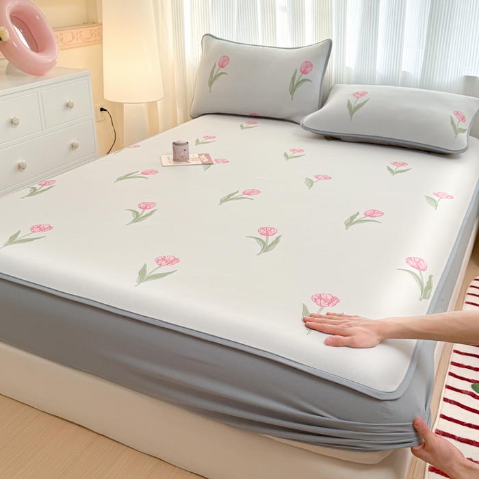 91家纺网 家纺一手货源 找家纺 布柔 2026新款冰皮凉席床笠冰丝小清新卡通印花软席可机洗 郁金香