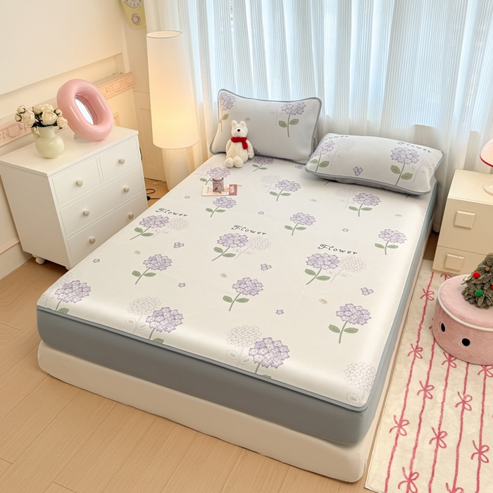 91家纺网 家纺一手货源 找家纺 布柔 2026新款冰皮凉席床笠冰丝小清新卡通印花软席可机洗 绣球花