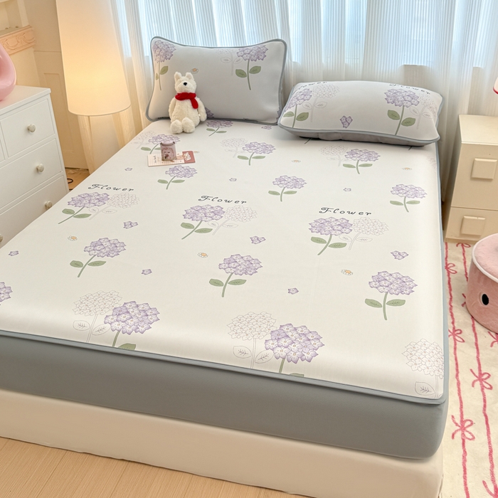 91家纺网 家纺一手货源 找家纺 布柔 2026新款冰皮凉席床笠冰丝小清新卡通印花软席可机洗 绣球花