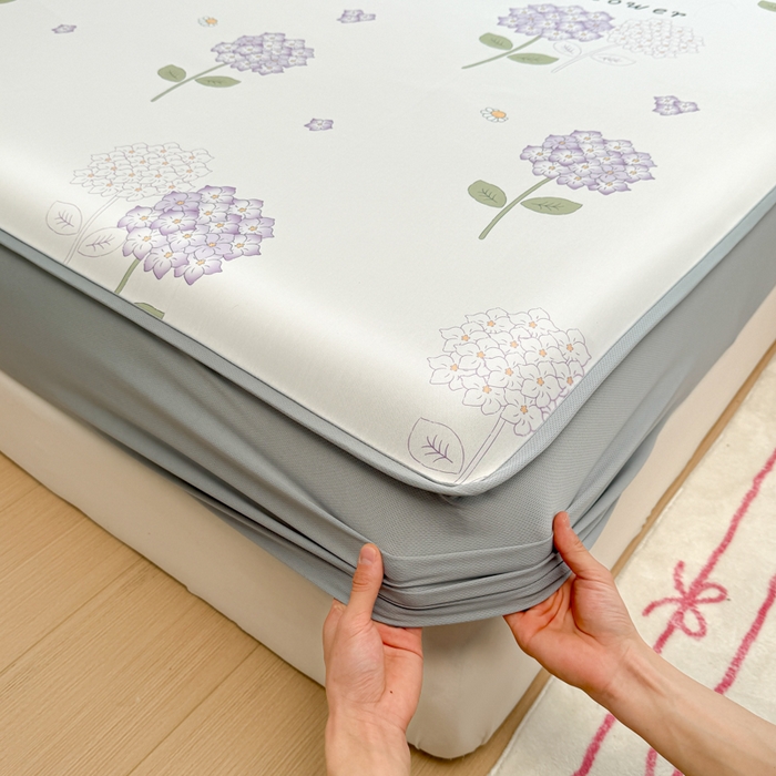 91家纺网 家纺一手货源 找家纺 布柔 2026新款冰皮凉席床笠冰丝小清新卡通印花软席可机洗 绣球花