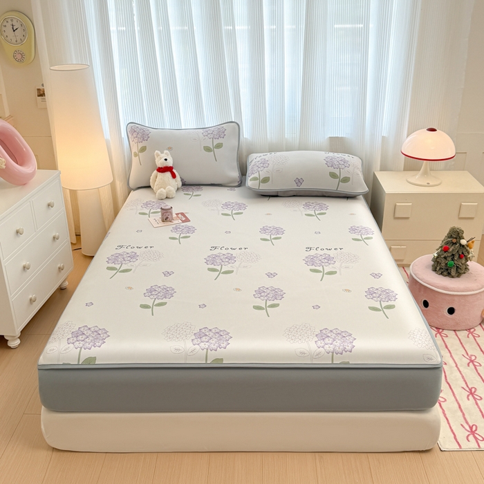 布柔 2026新款冰皮凉席床笠冰丝小清新卡通印花软席可机洗 绣球花