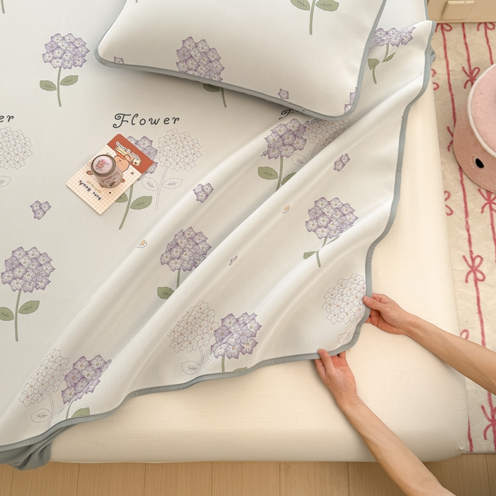 91家纺网 家纺一手货源 找家纺 布柔 2026新款冰皮凉席床笠冰丝小清新卡通印花软席可机洗 绣球花